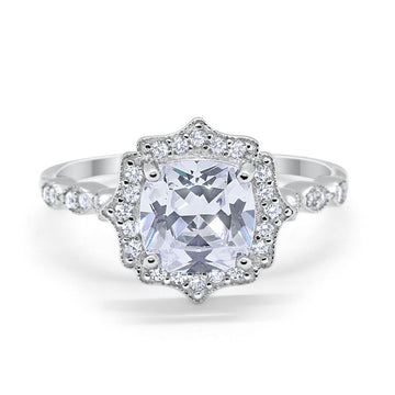 Halo Art Deco Engagement Ring Cushion Simulated CZ 925 Sterling Silver